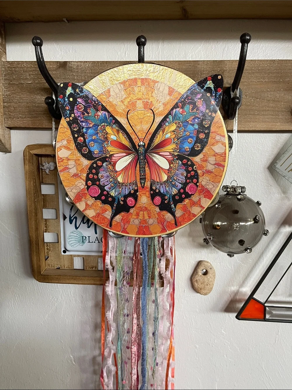 Colorful Butterfly Wall Tambourine Hanging - Vibrant Orange and Black